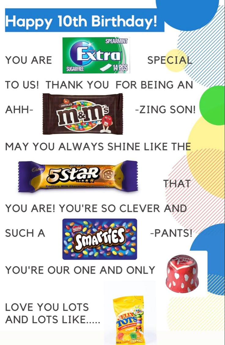 a birthday card with candy, candies and other things to say on the front