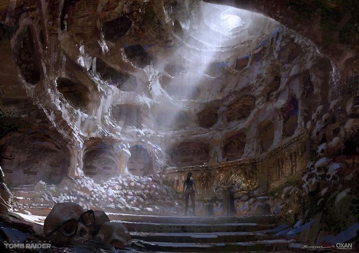 an artist's rendering of a cave with stairs leading up to it and people standing in the distance