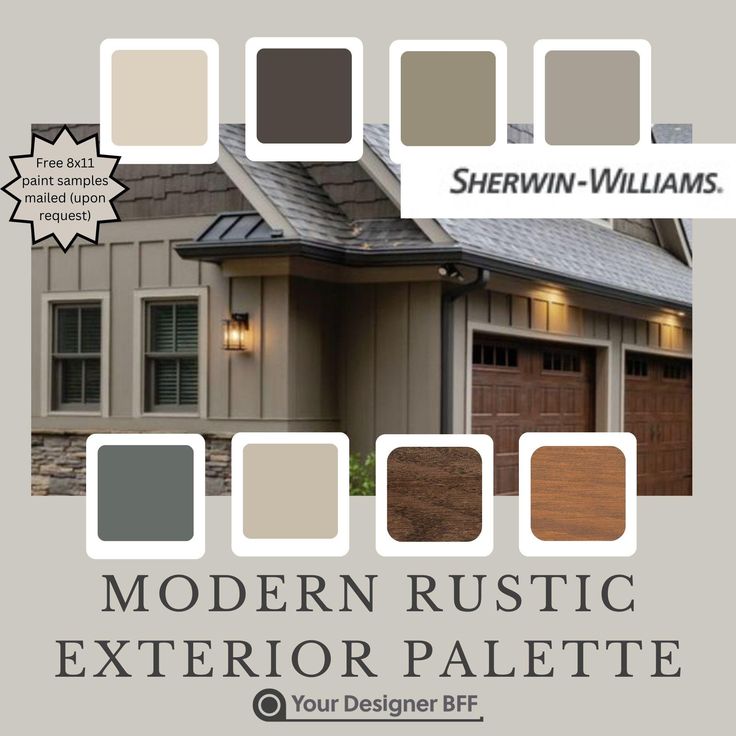 an advertisement for modern rustic exterior palettes, including the garage door and window colors