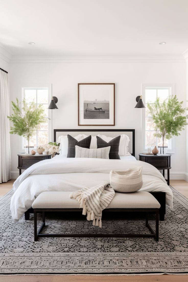 a bed with white sheets and black pillows in a large room next to two windows