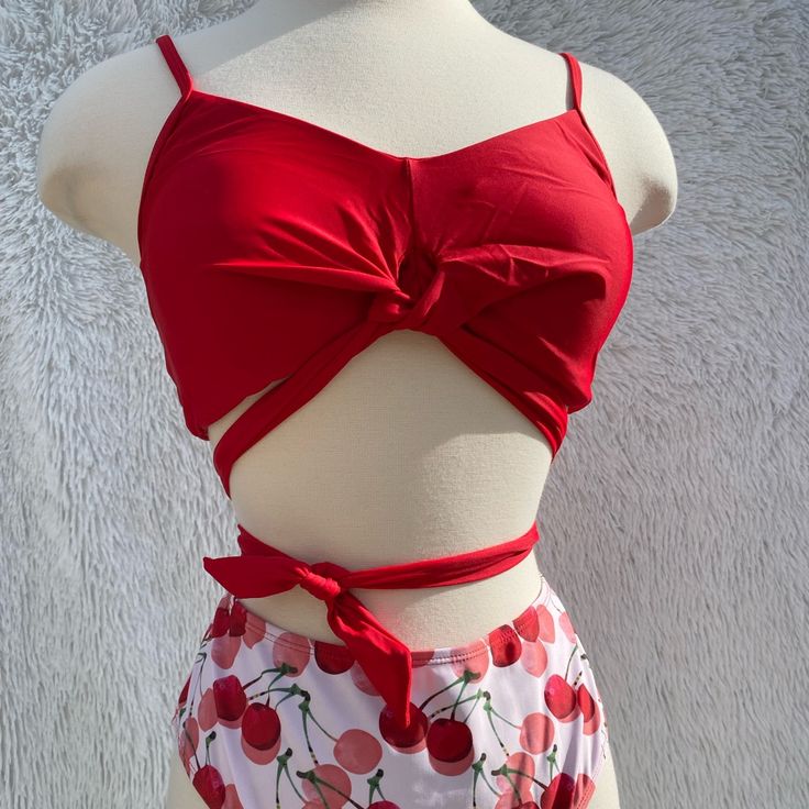 Brand New Bikini Set Size Large Cherry Logo Red/White Colors Shekini Brand Xl#B84 Red Cherry Print Swimwear For The Beach, Red Cherry Print Swimwear For Summer, Red Cherry Print Swimwear For Beach, Red Cherry Print Swimwear For Spring, Red Cherry Print Swimwear, Red Beachwear Tops For Poolside, Red Tops For Poolside And Beach Season, Red Beach Season Top For Poolside, Red Top For Poolside And Beach Season