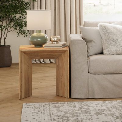 a living room with a couch, coffee table and potted plant in the corner