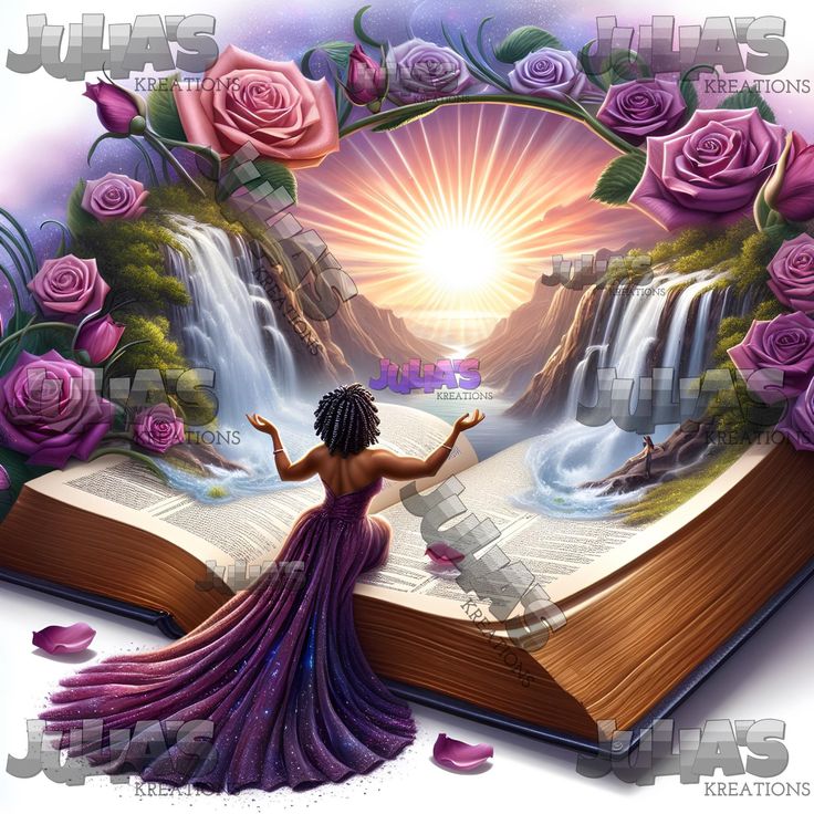 an open book with the image of a woman standing in front of a waterfall surrounded by pink roses