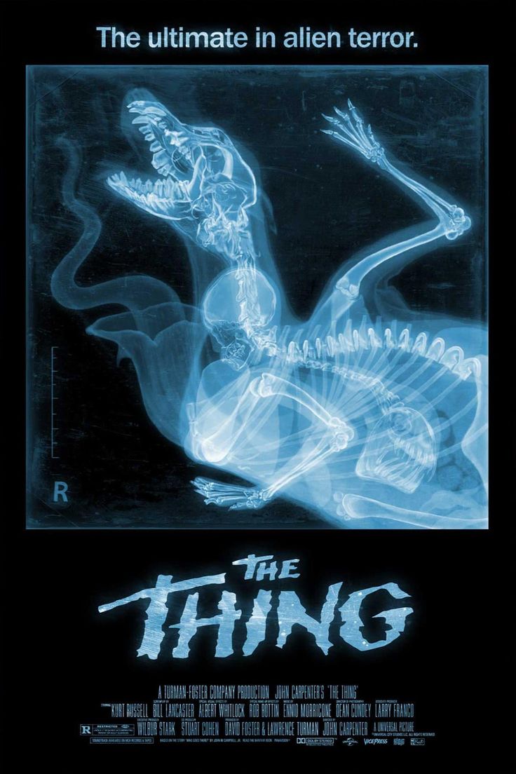 the thing movie poster with skeleton in blue and white light, from the film it's about time