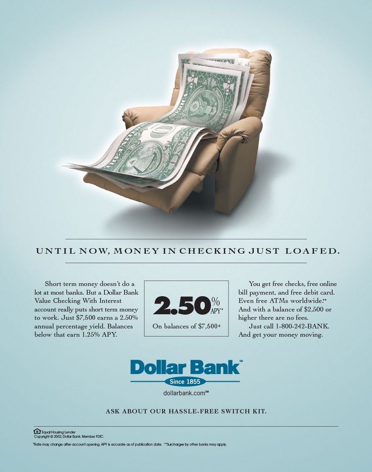 an advertisement for dollar bank with a chair full of money on it's back