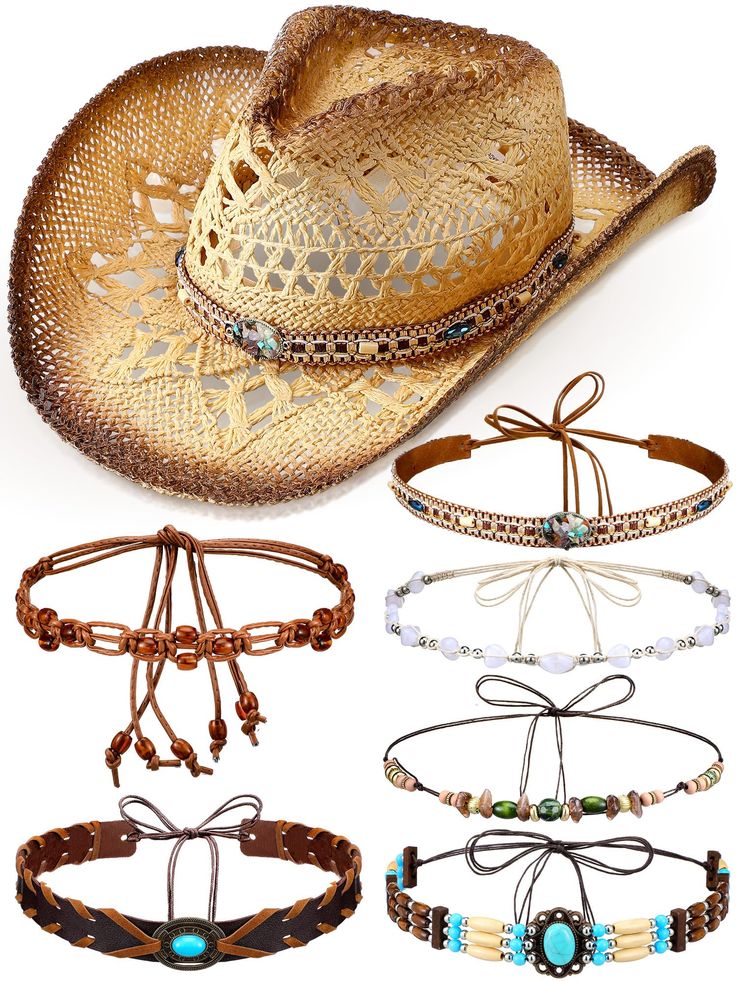 PRICES MAY VARY. Bohemian Cowgirl Set: comes with a cowgirl beach hat but also an exciting set of 6 vintage bands; These bands are creatively designed and can be worn interchangeably with your hat for added style, meeting your different using demands Quality Material: our interchangeable cowgirl hat set is made from quality straw, lending it a classic, stylish look, unmatched durability, and lightweight comfort; The hat measures 4.72 inches/ 12 cm in height, has a cap circumference of 22.83 inch Hat Branding, Cowgirl Beach, Bohemian Cowgirl, Country Hats, Cowboy Birthday Party, Beautiful Braided Hair, Straw Cowboy Hat, Cowgirl Costume, Cowgirl Jewelry