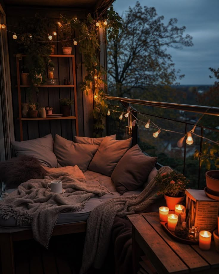 a balcony with candles and blankets on it