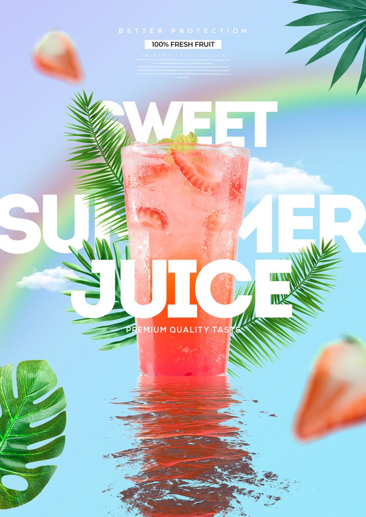 an advertisement for a summer juice drink with palm leaves and rainbows in the background