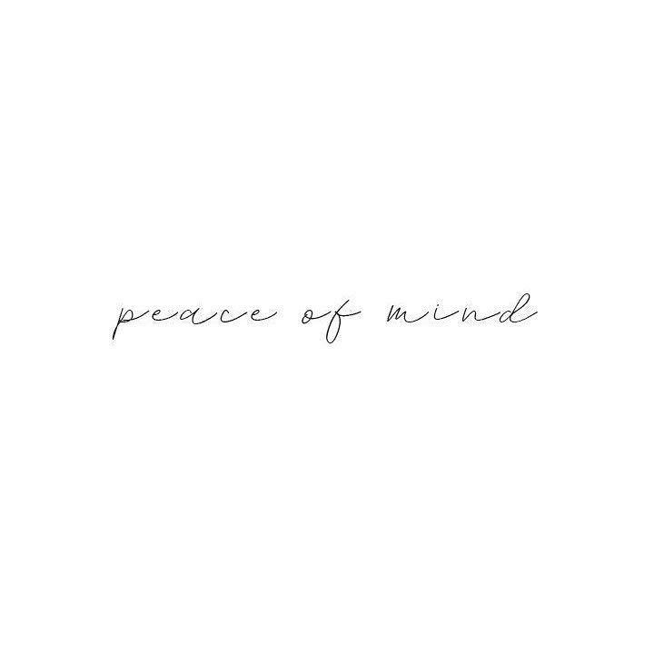 the words peace of mind are written in cursive writing on a white background