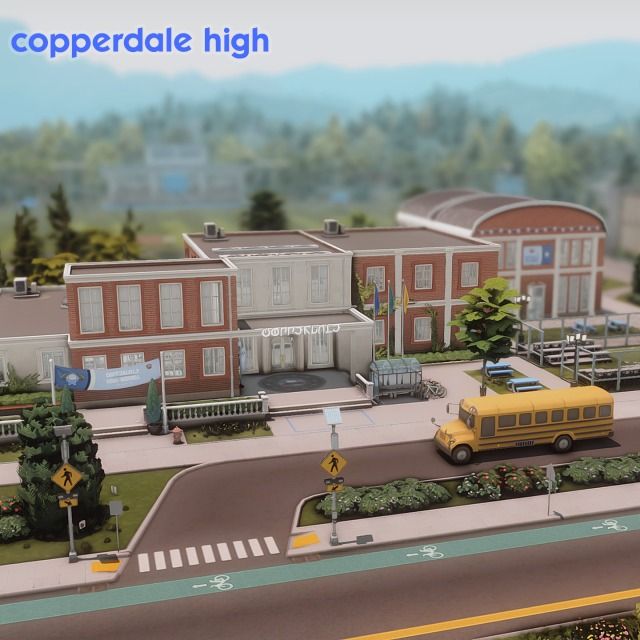 okiyukiyo on Tumblr: the high school is finally finished!! i built it for my save so it's cc HEAVY but I'm still going to upload it in case anyone... Sims 4 Copperdale High School, Sims Lips, High School Architecture, Sims 4 High School, Ts4 Lots, Furniture Cc, Sims Houses, Building Layout, School Interior