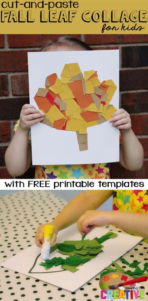 a child holding up a piece of paper with the words fall leaf collage on it