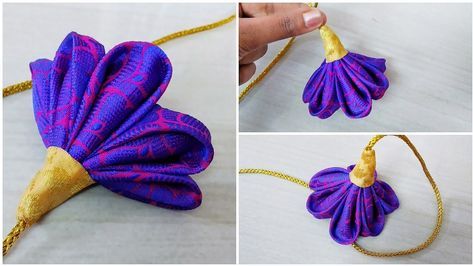 three pictures show how to make an ornament with purple fabric and gold thread