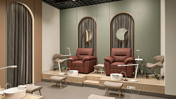 the salon is equipped with chairs, stools and mirrors