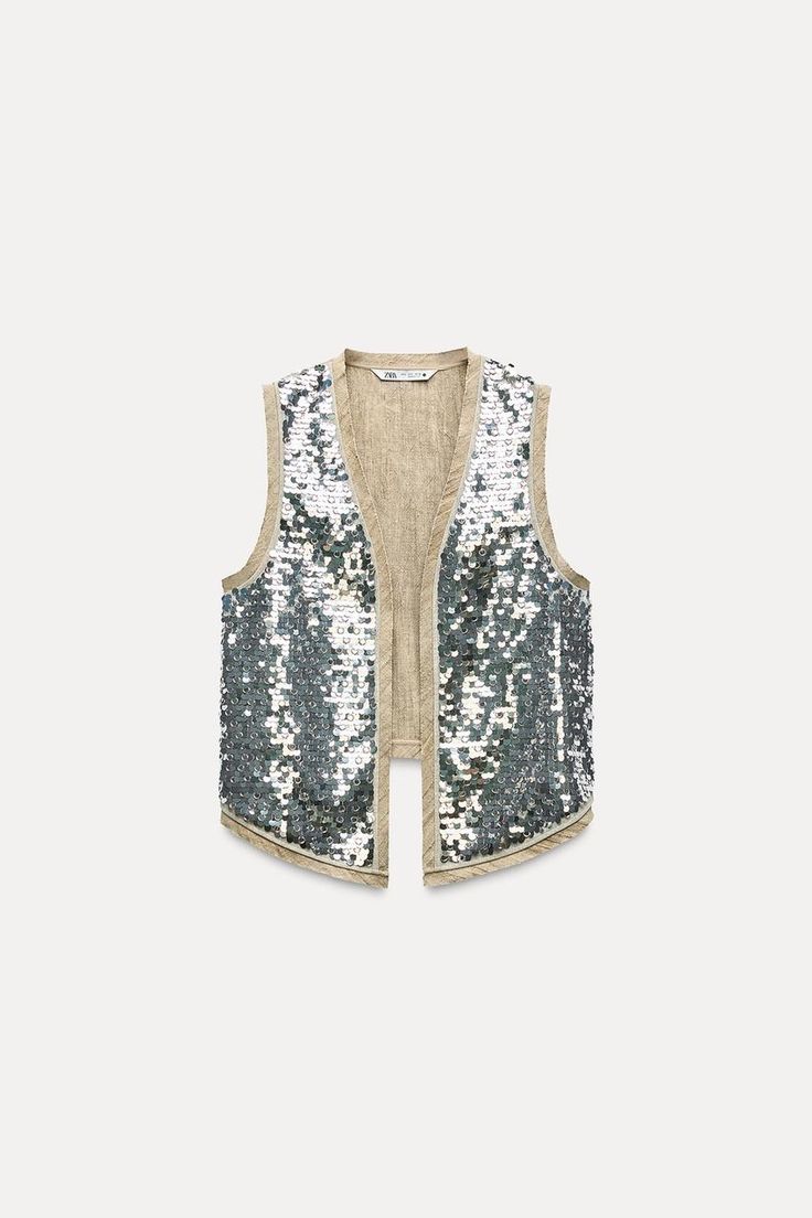 SEQUIN VEST ZW COLLECTION - Beige | ZARA United States Sequin Vest, Sequin Appliques, Zara Jackets, Zara Woman, Silk Shirt, Zara Tops, Zara Women, Asymmetric Hem, Womens Vest