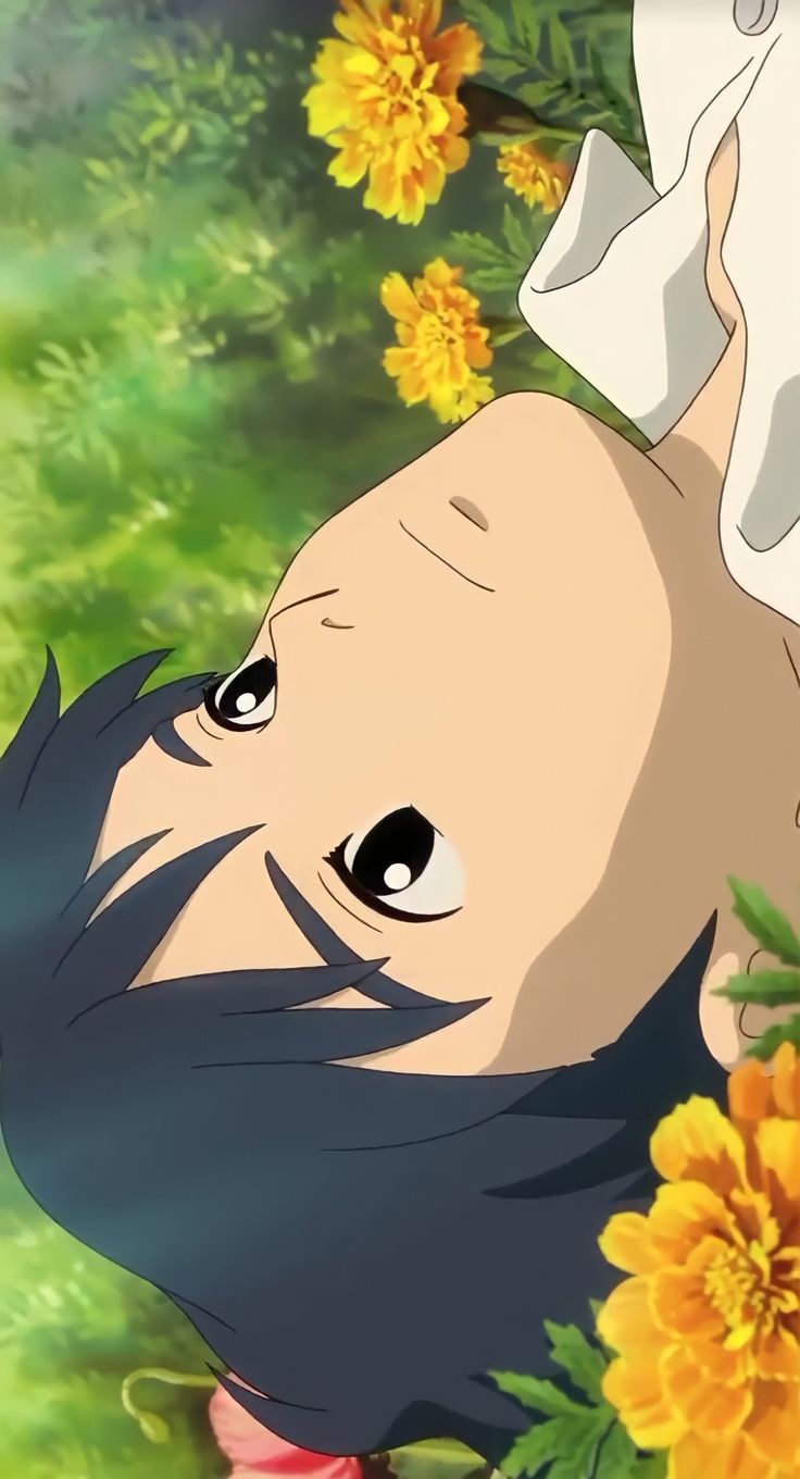 an anime character laying in the grass with yellow flowers around his neck and eyes wide open