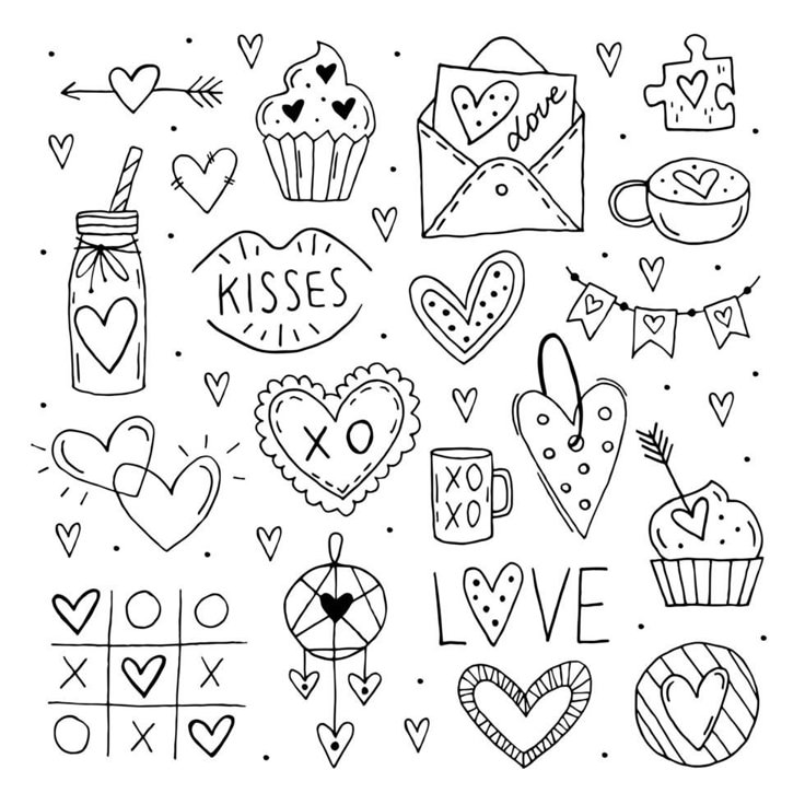 hand drawn valentines day doodles with hearts and cupcakes on white background