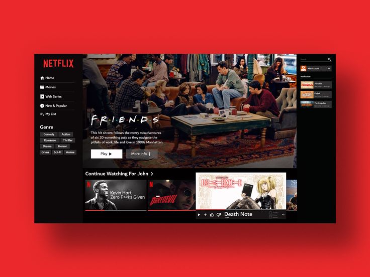 the netflix homepage is displayed on a red background with black and white images, including an image of people sitting around a coffee table