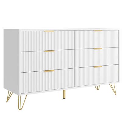 a white dresser with gold handles and drawers on the bottom, in front of a white background