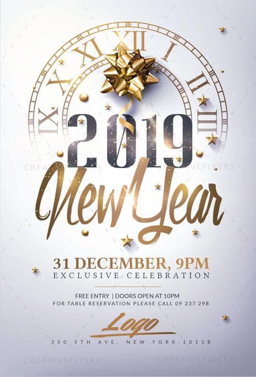 a new year party flyer with gold and silver decorations on the clock face, surrounded by confetti