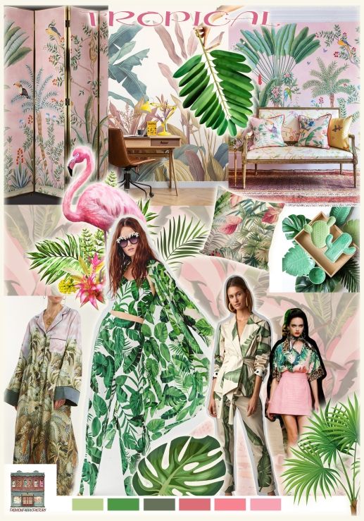 a collage of tropical print with flamingos, palm leaves and other things in the background