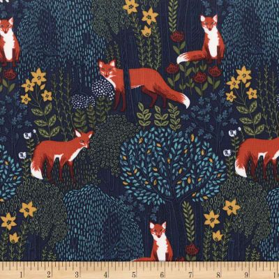 an image of foxes in the woods with flowers and leaves on blue background, fabric