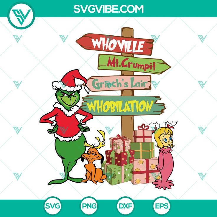 the grinch's christmas vacation sign with santa claus and his elves on it