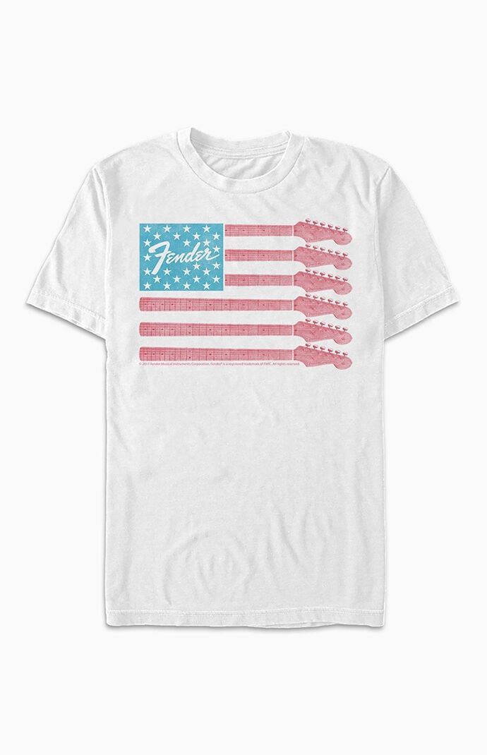 Online only! Rock out with this awesome officially licensed fender design! This tee is complete with short sleeves, a crew neckline, and a front graphic. Solid color tee Short sleeves Crew neckline Front graphic Relaxed fit FIFTH SUN Womens Fender American Flag T-Shirt - White size Medium White American Flag Graphic Tee, Trendy Affordable T-shirt With American Flag Print, American Flag Print White T-shirt, White Americana T-shirt With American Flag, Cheap Americana T-shirt With Flag Print, American Flag Tshirt, Fender American, Flag Tshirt, Lifestyle Clothing