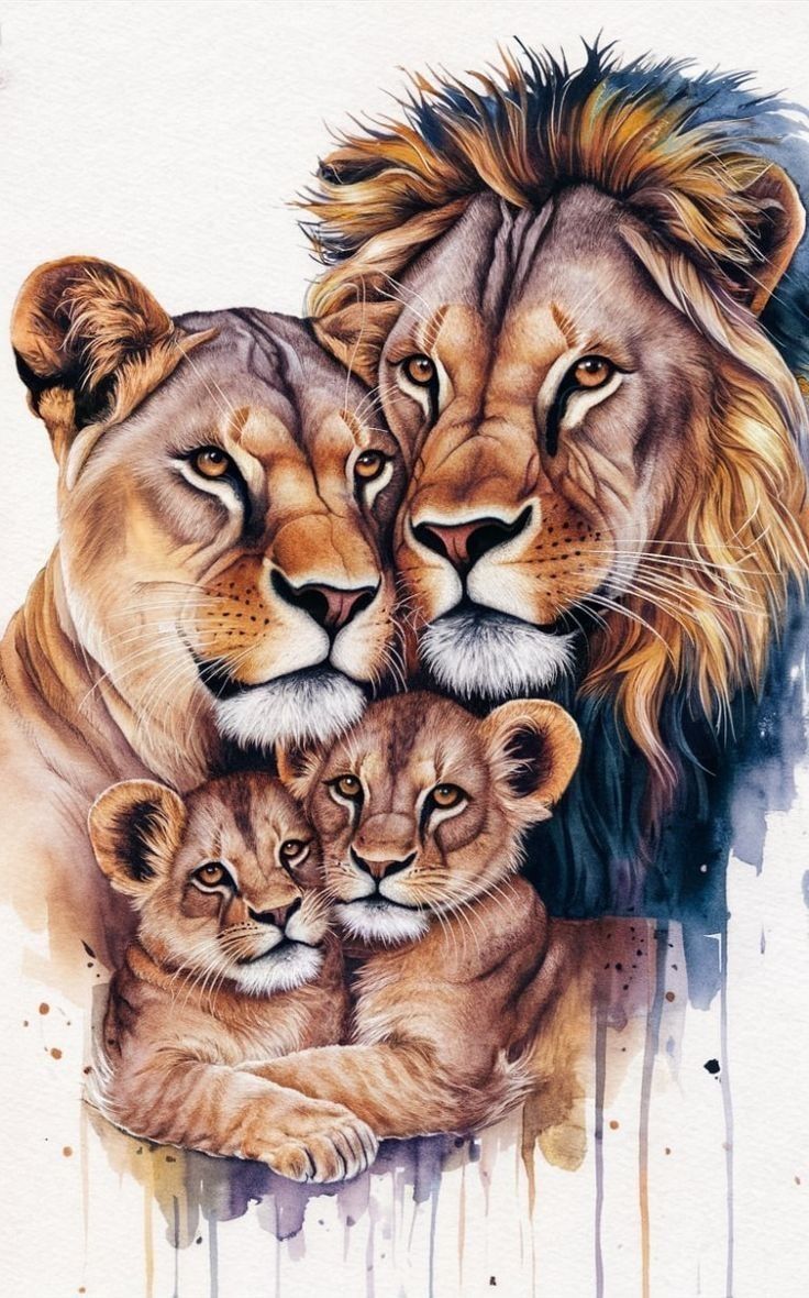 a painting of two lions with their cubs in front of it's watercolor background