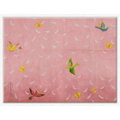 a pink background with birds flying in the sky