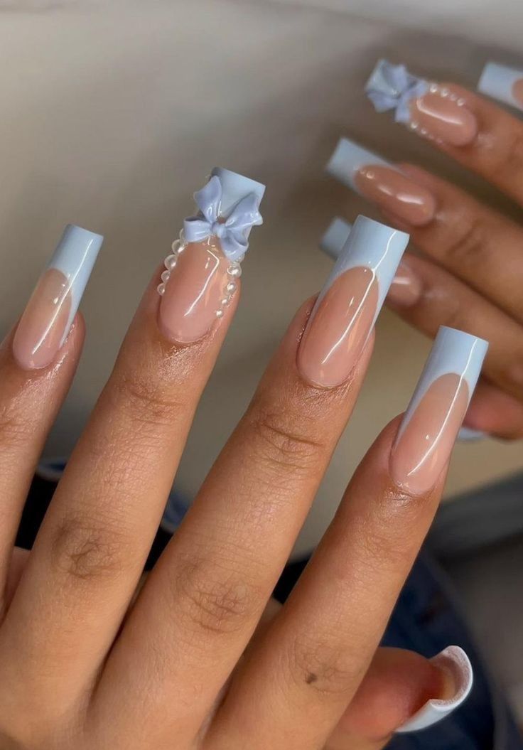 Spring Coquette Nails, Blue Bow Nails, Blue Coquette Nails, Cold Nails, Nail Ideas Gel, Nails With Bows, Nails For Prom, Cut Dog Nails, Nails With Blue