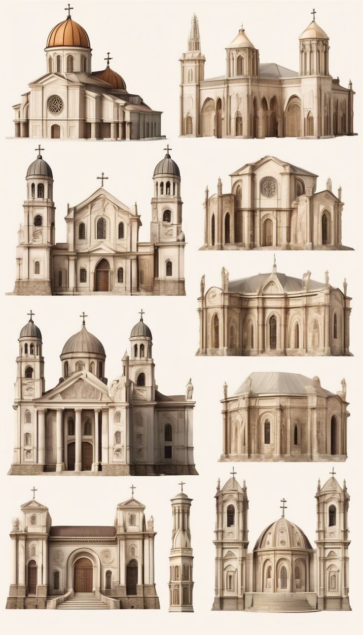 an image of architectural drawings of buildings and churches in different stages of construction, from top to bottom