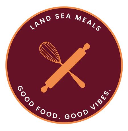 the logo for land sea meals good food vibes, with a whisk on it