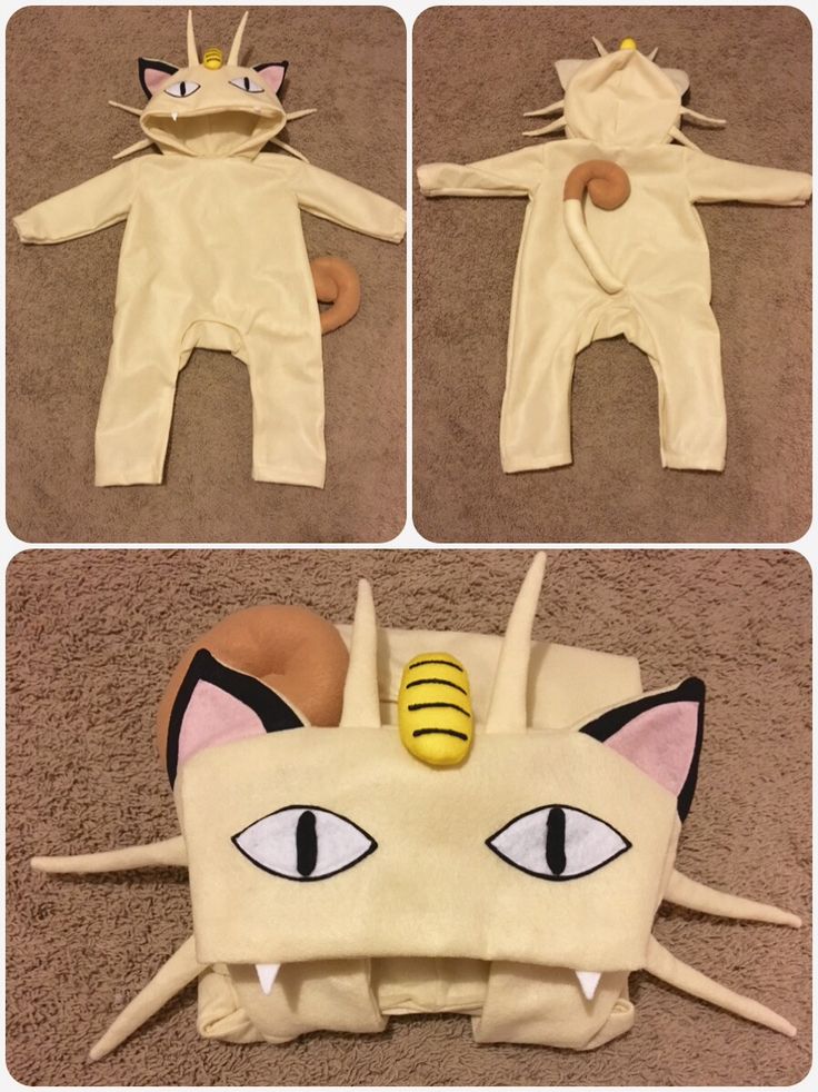 three pictures of the same cat costume and one with a bee on its head, all in different stages of development