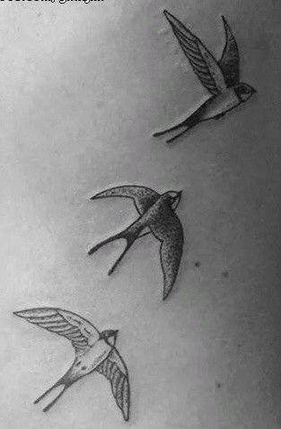 three birds flying in the air with one bird on it's back tattoo design