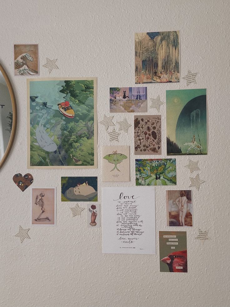 a wall covered in pictures and magnets next to a mirror