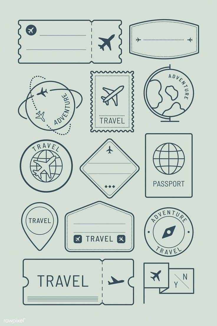 travel stamps and badges are shown in this illustration