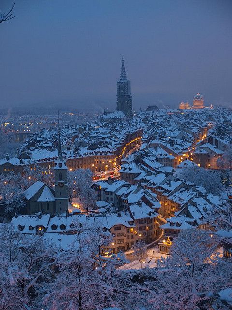 the city is covered in snow at night