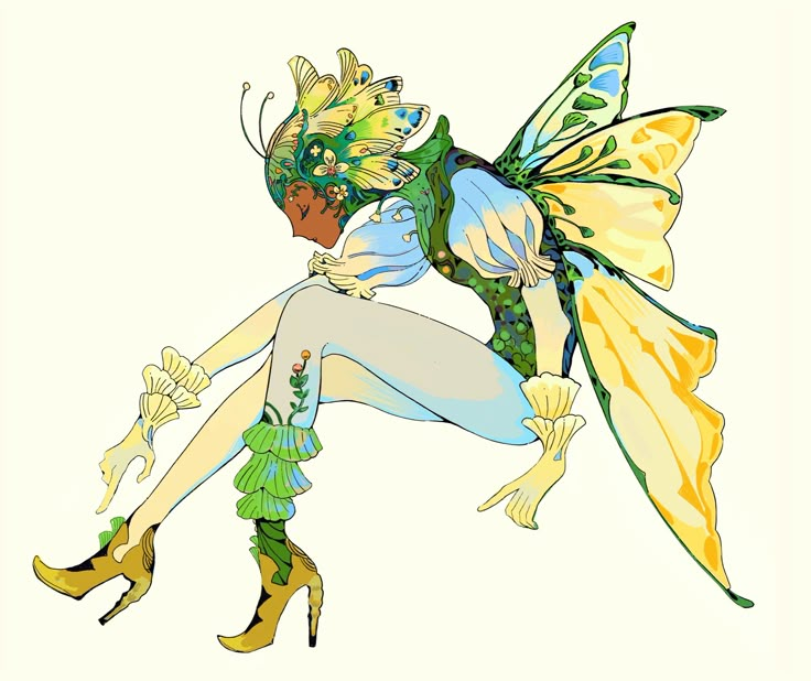 a drawing of a woman dressed as a fairy with yellow wings and green dress sitting on her knees