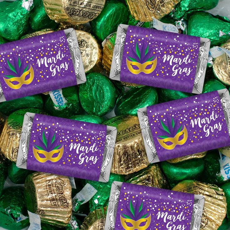 mardi gras chocolates are stacked on top of each other