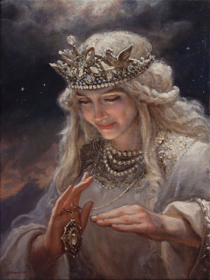 a painting of a woman wearing a tiara and holding her hand out to the side