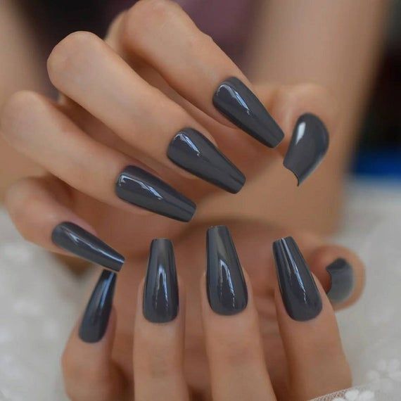 Grey Acrylic Nails, Nail Kits, Fake Nails Long, Long Press On Nails, Manicure Tips, Coffin Press On Nails, Gray Nails, Sticky Pads, Nails Long