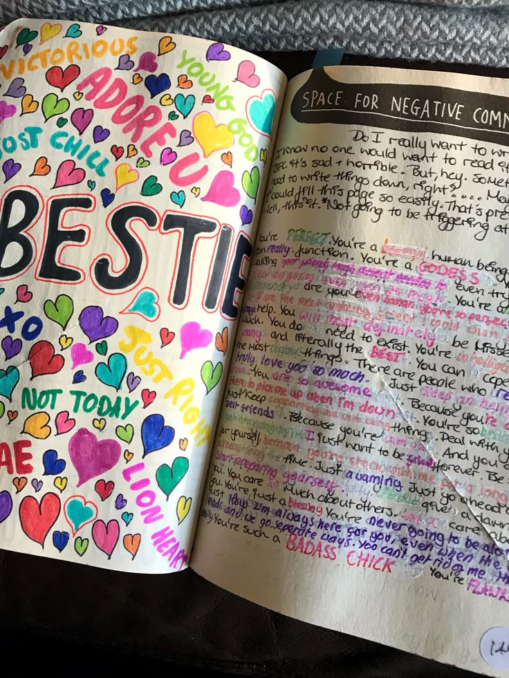 an open book with writing on it and lots of hearts in the pages that read bestie