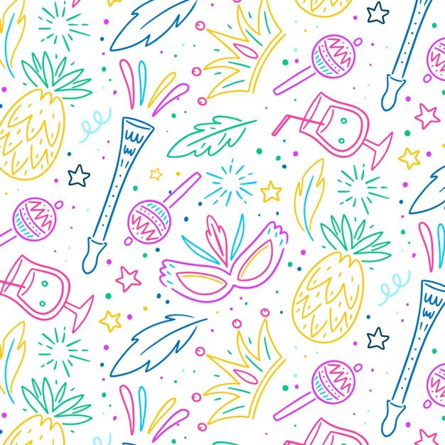 a colorful pattern with pineapples, scissors and other items on white background in pastel colors