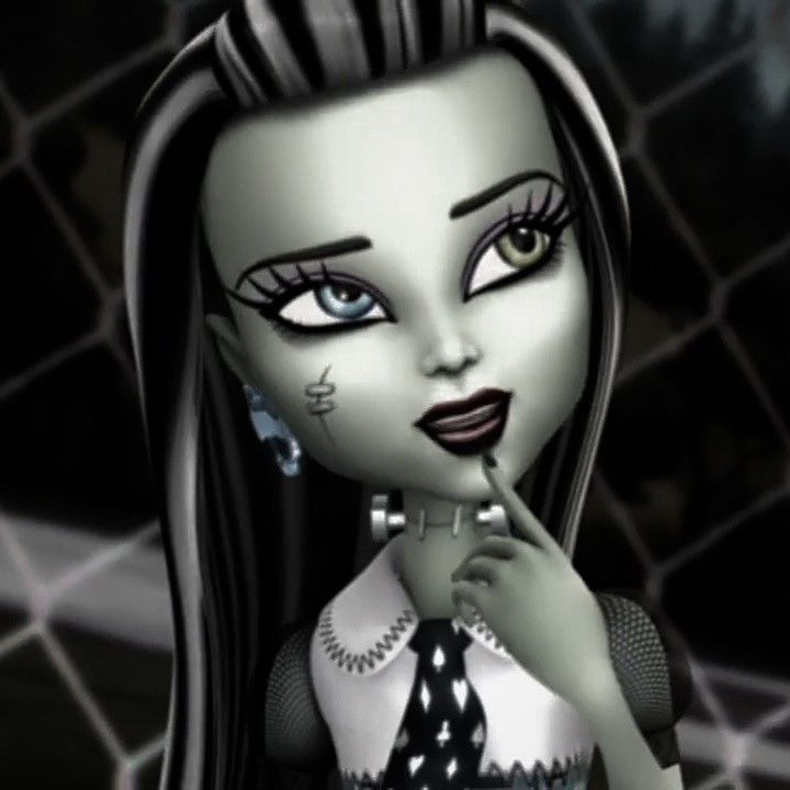 an animated image of a woman with black hair and makeup, holding her finger to her mouth