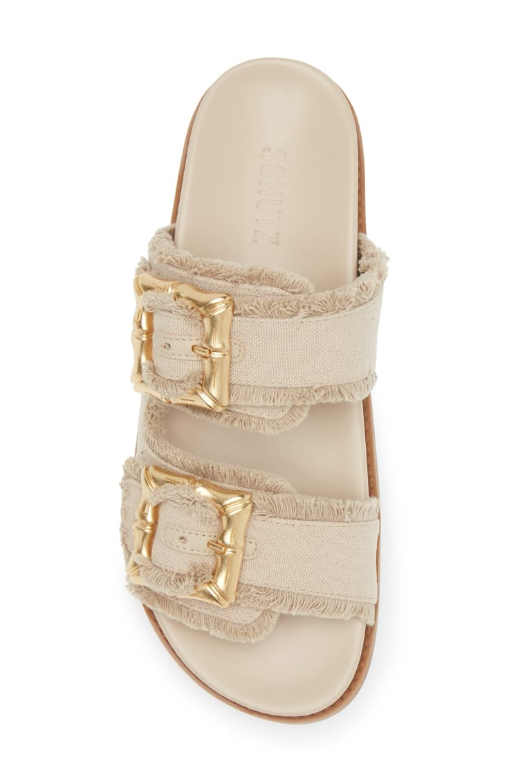 Bamboo-inspired buckles bring top a double-band slide sandal furnished with contoured cushioning. 1" heel; 1/2" platform; 1/2" slope (size 8.5) Leather upper/synthetic lining and sole Made in Brazil Trendy Beige Slide Sandals, Designer Summer Slides With Tang Buckle, Designer Summer Slides With Buckle Closure, Beige Slides With Buckle Closure For Beach, Beige Textured Slide Sandals, Palm Springs Outfit, Plastic Sandals, Pearl Oyster, White Platform Sandals