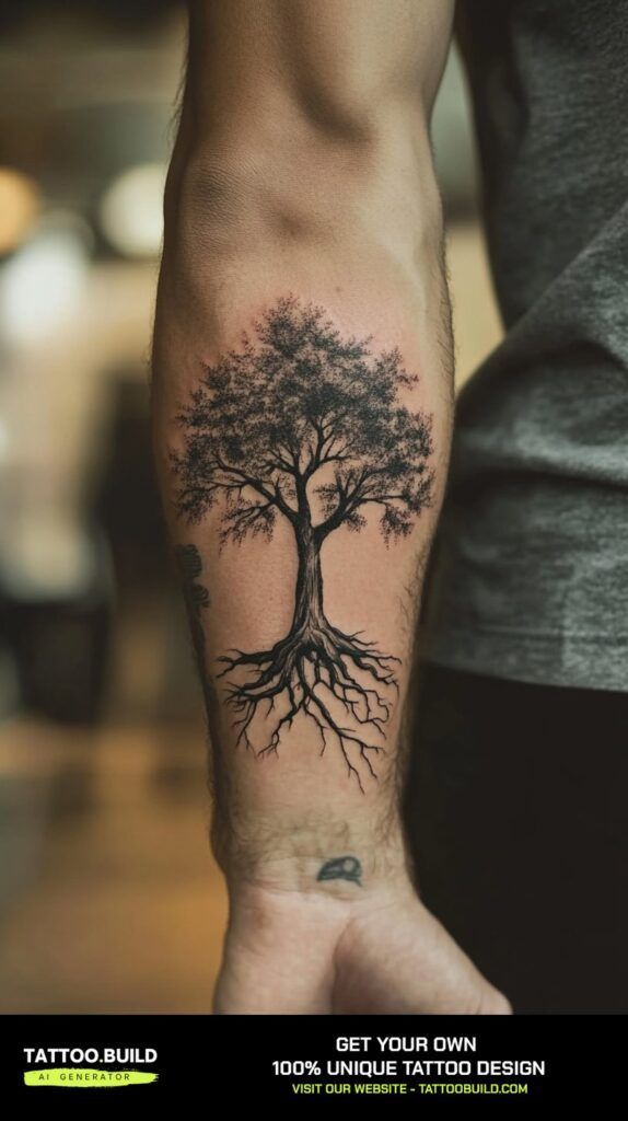 a man's arm with a tree tattoo on it