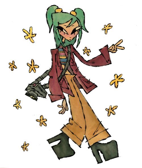 a drawing of a girl with green hair and boots