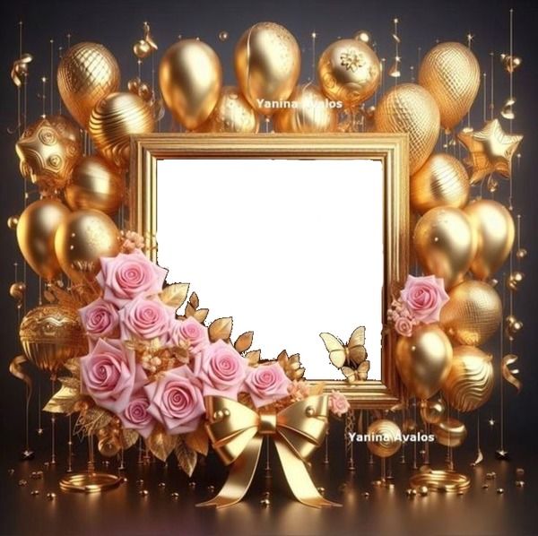 a gold frame surrounded by pink roses and balloons