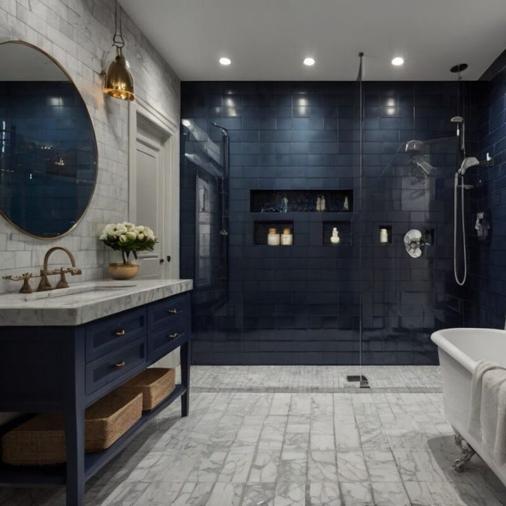 a bathroom with blue tile and white fixtures, including a bathtub in the center