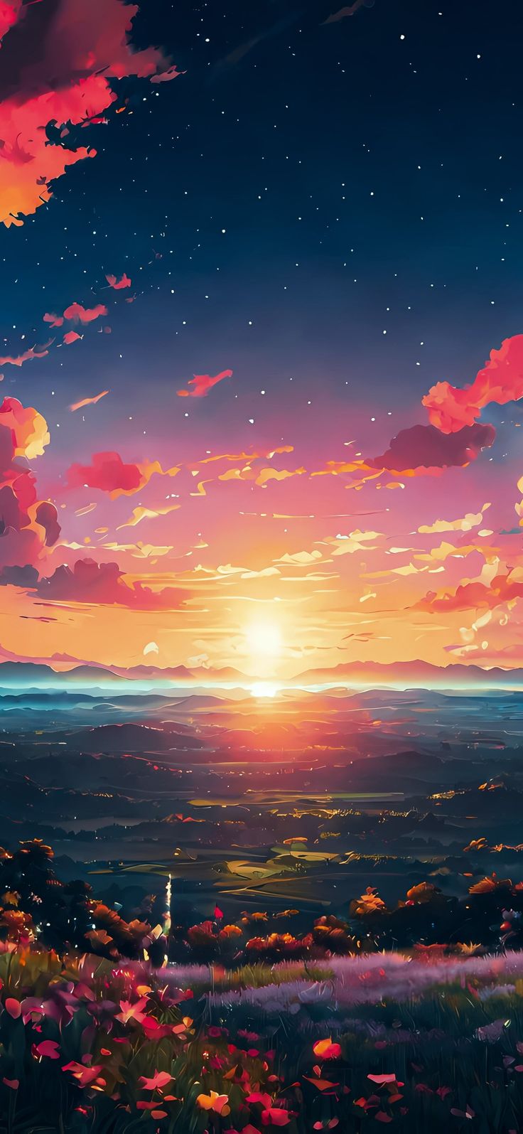 an anime scene with the sun setting in the sky and flowers on the ground below